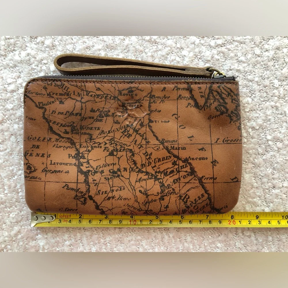 Patricia Nash Leather Wristlet European Map Design Brass Zipper EUC